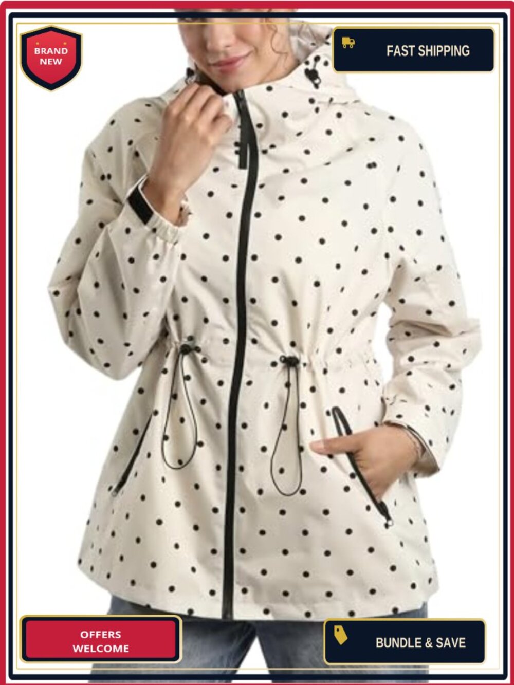Women's Polka Dot Rain Jacket Lightweight Waterproof Hooded Zip Up